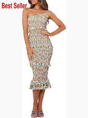 One Shoulder Strappy Tiered Ruffle Floral Boho Midi Bodycon Dress